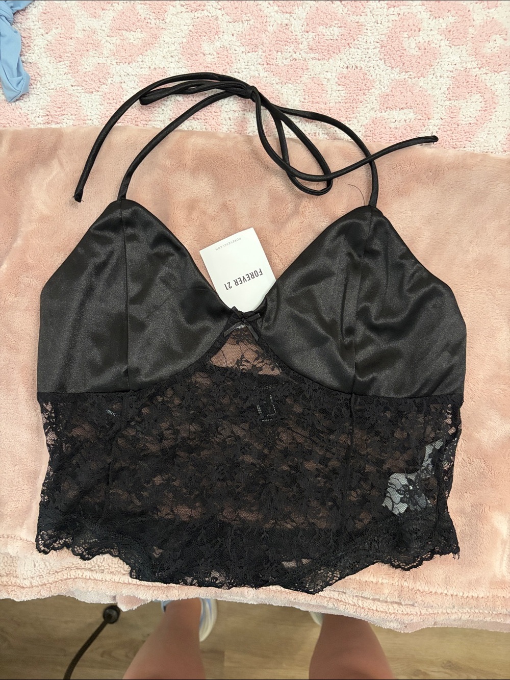 Forever 21 Black Satin & Lace Halter Bralette